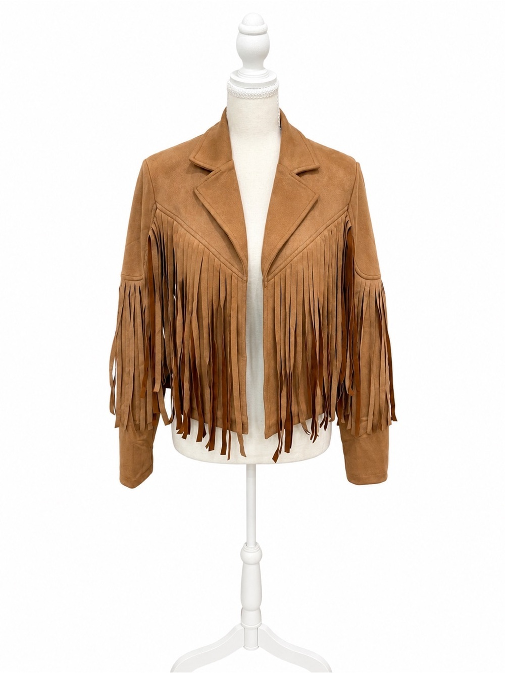 Ebossy NWT Faux Suede Fringe Jacket XS Western Boho Cropped Camel Tan